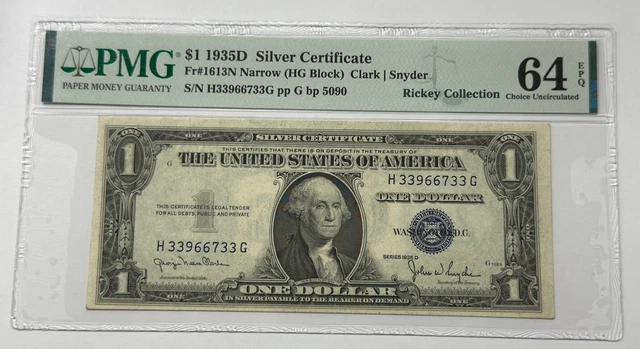 1935 D $1 Silver Certificate Fr.1613 N Narrow Hg Block Pmg Gem Unc 64 Epq. #2679