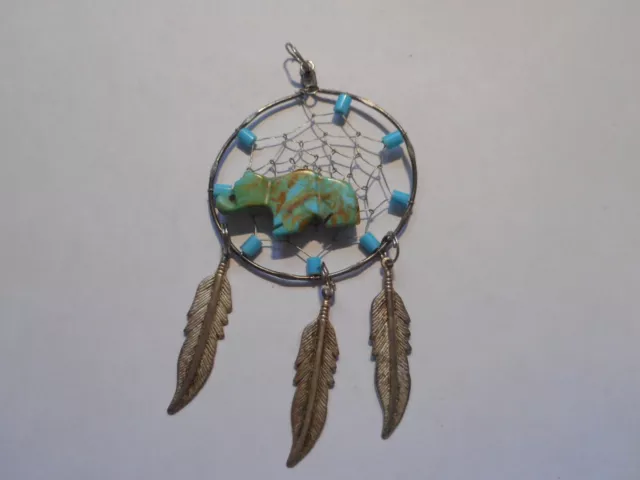 Pendant ZUNI vintage Dream Catcher Turquoise Bear hanging feathers Sterling