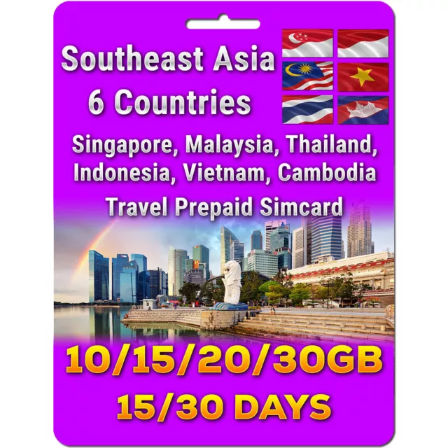 South East Asia 6 Countries (ex Bali) | 10/15/20/30GB | 15/30 Days Data Simcard
