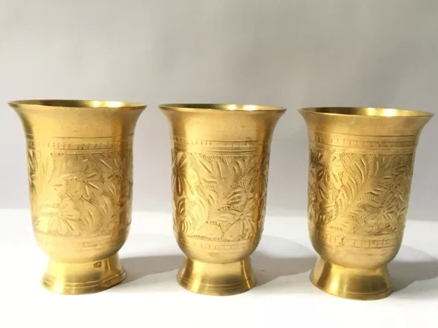 Vintage Brass Mughlai Glass Cup Tumbler Embossed Leaves Design Drinkware 3 Pcs 2