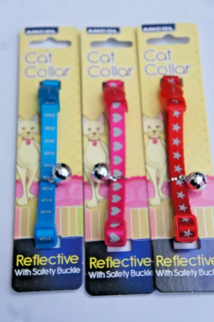 Reflective Cat Collars By Ancol Fish Bone, Hearts & Stars With Or Without A Tag.