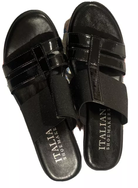 Italian Shoemakers Womens Black Textile Slide Sandals Wedge Heels Sz US 6.5