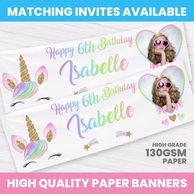 Unicorn Birthday Banner Personalised Any Name Photo Party Banners Girl