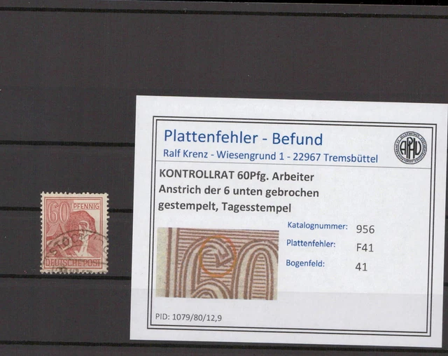KONTROLLRAT 1947 PLATTENFEHLER Nr 956 F41 gestempelt (215814)