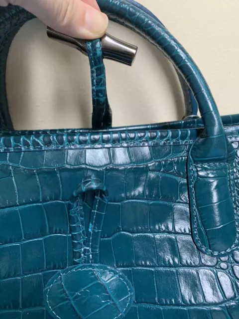 NWT LONGCHAMP CROC EMBOSSED ROSEAU Hobo Shopper Leather Tote Bag Duck Blue 8