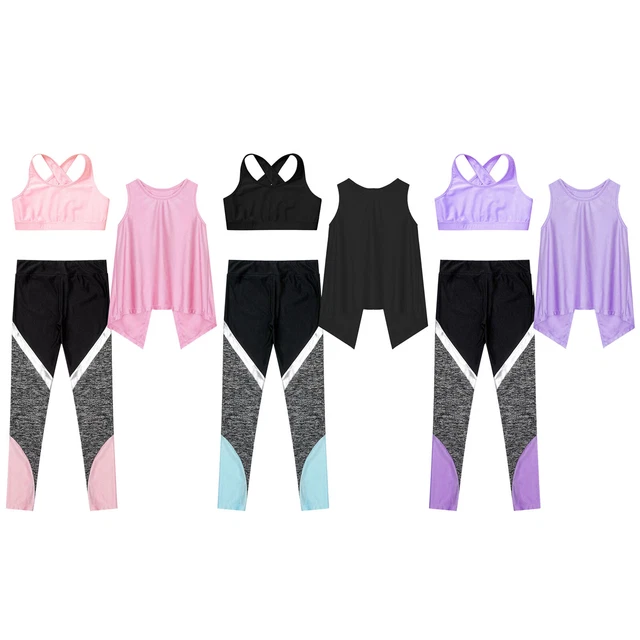 Top da canottiere 3 pezzi outfit bambine + pantaloni tuta allenamento atletico