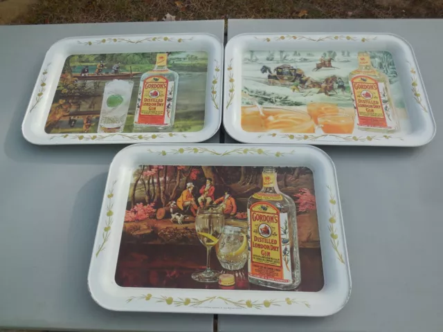 3 Nice Vintage Gordon's London Dry Gin Tin Tv Serving Trays / Old English Prints