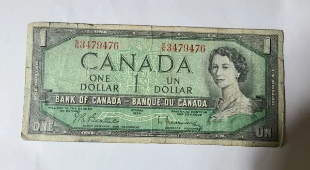 1954 Bank Of Canada  1 Dollar Bank Note Circulated As Shown