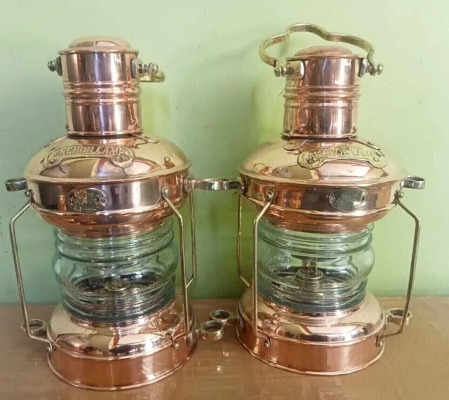 Antique Lantern Boat Light Brass & Copper Anchor Maritime Oil Lamp Lots Of 2