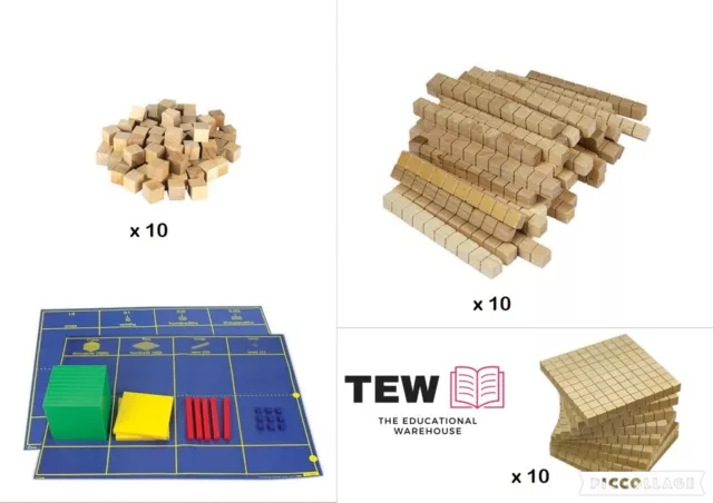 Wooden MAB Base Ten Maths Blocks 10 Hundreds 10 Tens 10 Ones + Mat Place Value