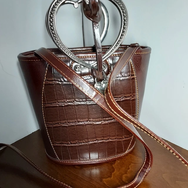 Brighton Croc Leather Purse w/Silver Heart Handles, Crossbody Strap