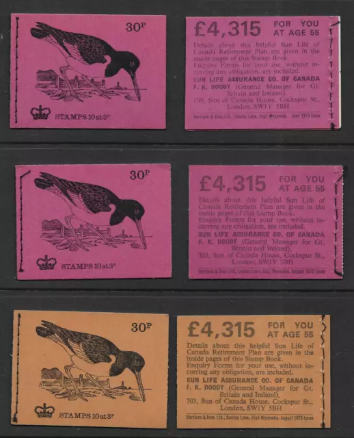 1972 3 X BRITISH BIRDS 30p BOOKLETS DQ71 - DQ72a OYSTER CATCHER COMPLETE