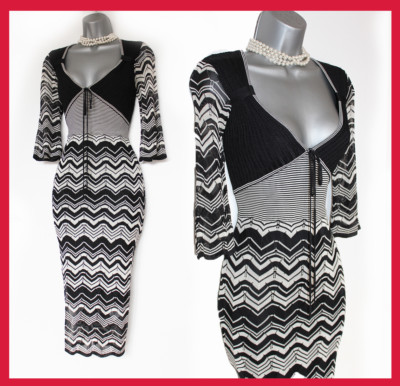 Karen Millen Black White Fine Knit Zig Zag 3/4 Sleeve Office Work Jumper Dress 2