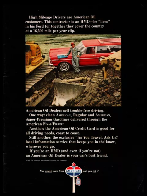 1966 American Oil Co. Gas Ford Station Wagon Tractor Dozer Amoco Sign Print Ad