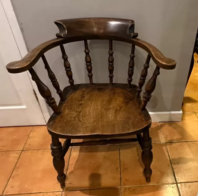 Antique Victorian English Elm Bow Smokers Chair Captains Chair