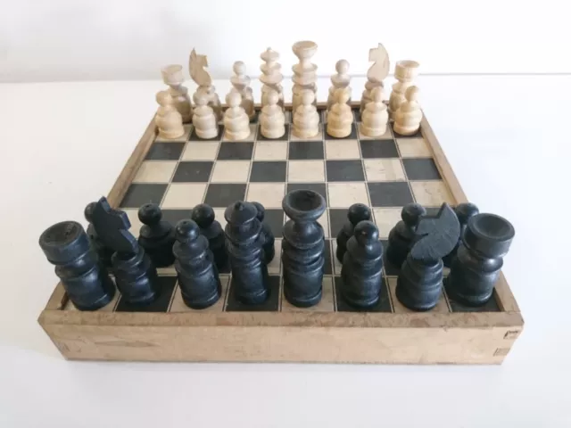 Vintage Wood Chess Set With Board Box 1950s Hungary