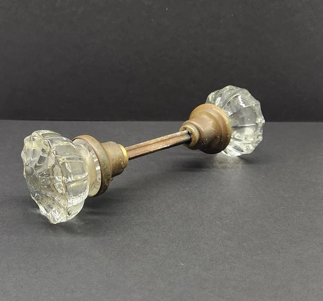 Vintage 12 Point Crystal Clear Glass & Brass Door Knobs 2" Knobs w Spindle
