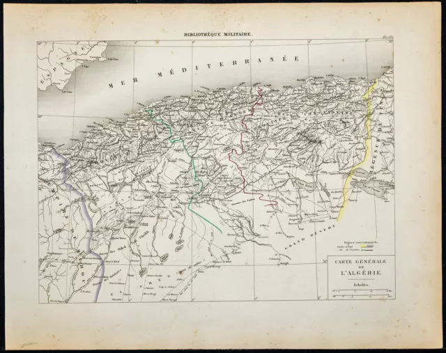 1865 - Carte de l'Algérie française - Gravure ancienne militaire - Afrique