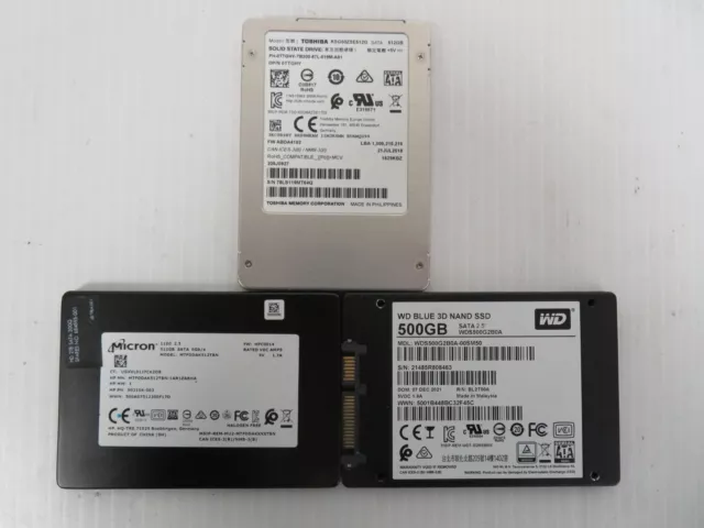 Lot of 3  500GB / 512GB 2.5" SATA SSD Drives - Micron Western Digital Toshiba