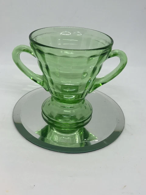 VINTAGE HAZEL ATLAS Uranium Glass Colonial Block Green Open Sugar Bowl 