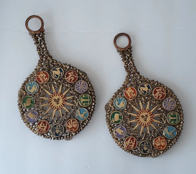 Vintage OPPENHEIM Brass Zodiac Trivet Pair Of 2 HandMade In Israel Vintage OPPENHEIM Brass Zodiac Trivet Pair Of 2 HandMade In Israel