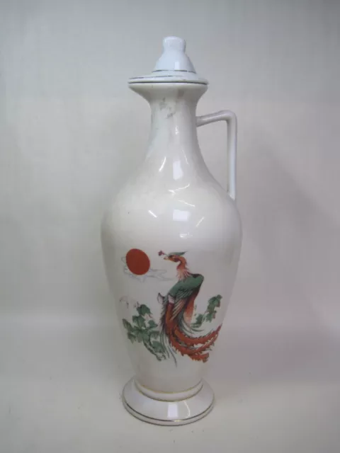 Peacock Painted Chinese Wine Decanter, 'Dairen China' lidded, corked and empty