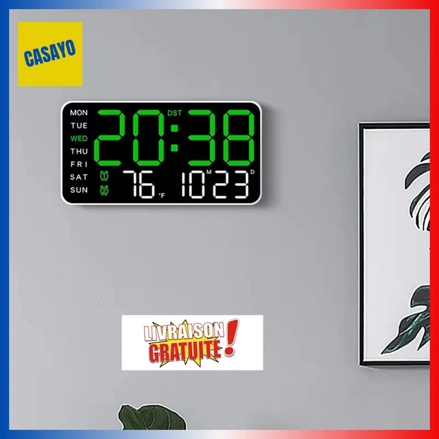 ORIA 16''Horloge Murale Numérique LED, Réveil Numérique avec Télécommande, 2 Alarmes, Grand Ecran, Luminosité Réglable et Minuterie, Heure/Date/Température pour Chambre à Coucher, Maison