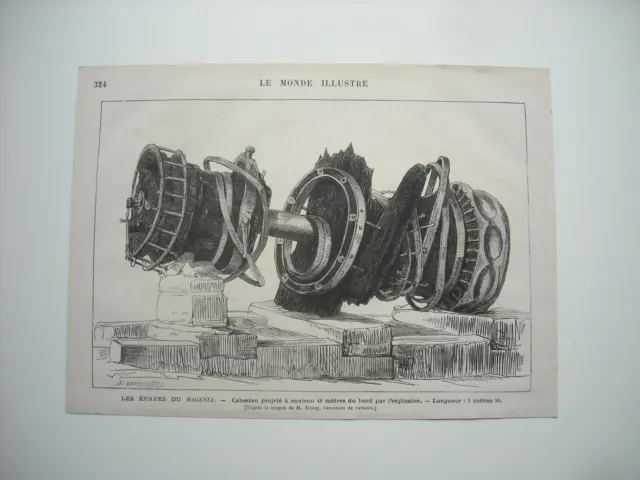 Gravure 1875. Les Epaves Du Magenta, Coule En Rade De Toulon. Cabestan Projete.