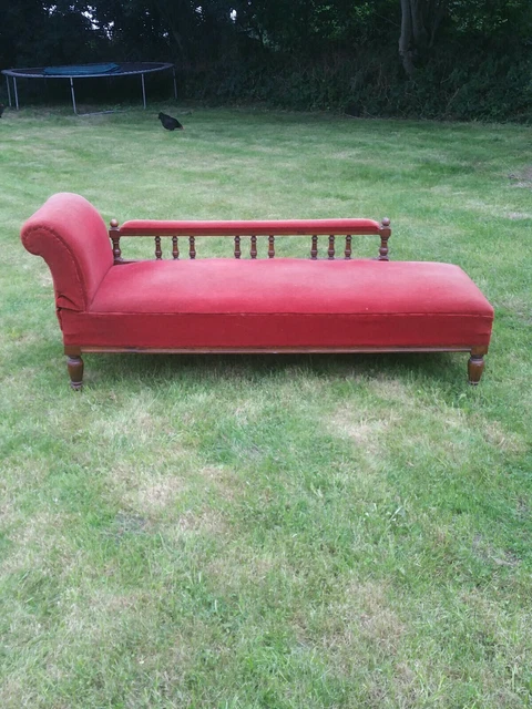 Vintage Chaise Lounge Small Double Bed Wood Frame In Original Red Velour  Uphols