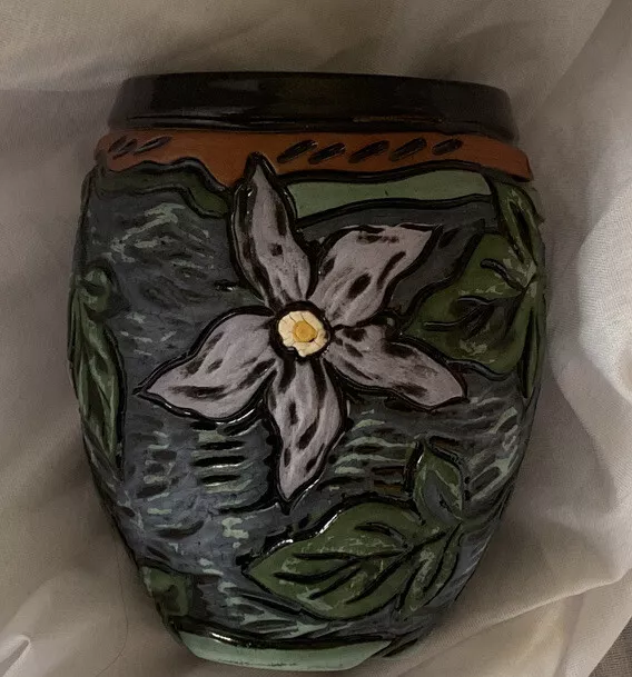 Deb LeAir Vase Urn Pot Jar Motif Pottery Hand Carved Ceramic Vtg purple blue NEW