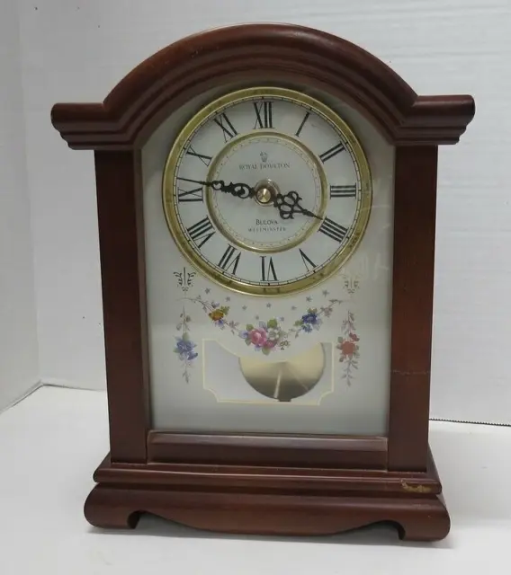 Royal Doulton Bulova Westminster Chime Mantle Clock, Wood Case, Floral Design