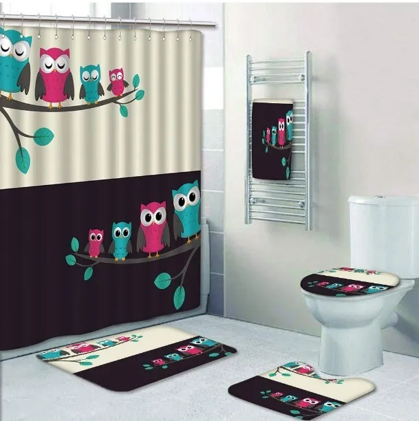 Nursery Family of Owls Sitting on Branches Bathroom Sets, Shower Curtain Sets