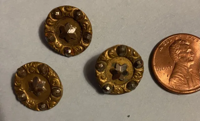 Victorian Antique Button Set 3 Brass Riveted Faceted Cut Steel Star Centers 15mm