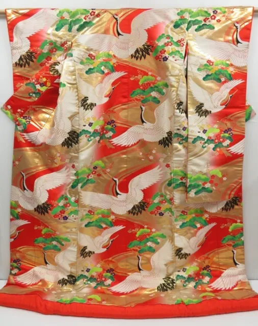 2916T05z3590  Japanese Kimono Silk UCHIKAKE Flying crane Tomato red