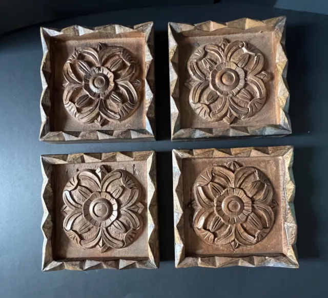 Lot Of 4 Hand Carved Wood Floral Wall Plaques Decor - Pre-Owned Estate Good Cond