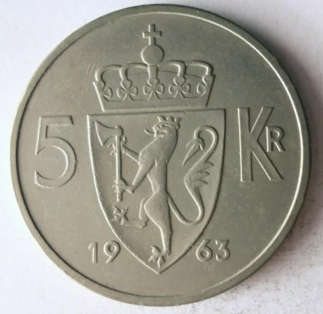 1963 NORWAY 5 KRONER - High Quality Coin - FREE SHIP - Bin #95