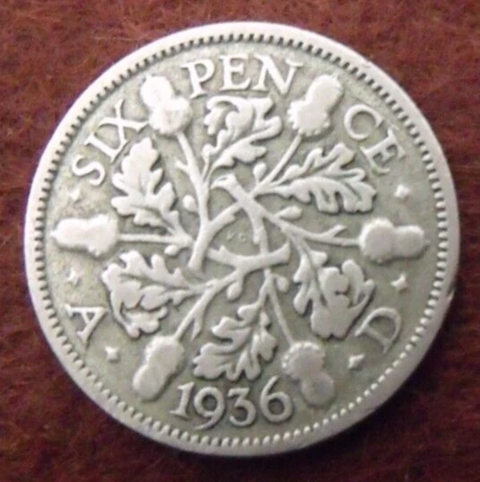 1936 GEORGE V SILVER SIXPENCE  ( 50% Silver )  British 6d Coin.   403