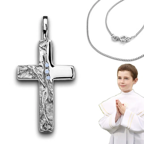 Ciondolo Comunione Bambino Battesimo Croce Zirconi Blu Vera Catena Argento 925