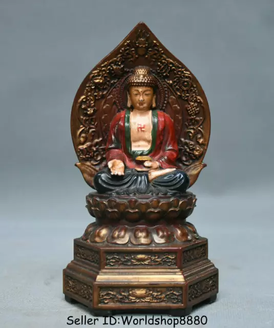 6.2" Old Tibet Boxwood Painting Seat Shakyamuni Amitabha Buddha Backlight Statue