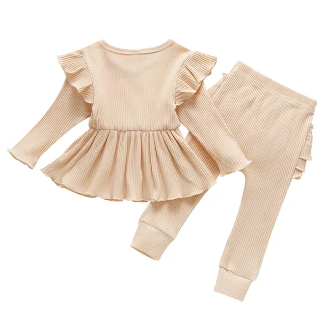 Toddler Baby Girls Kids Clothes Ruffle Ribbed Long Sleeve Tops+Pants Set Outfits 8