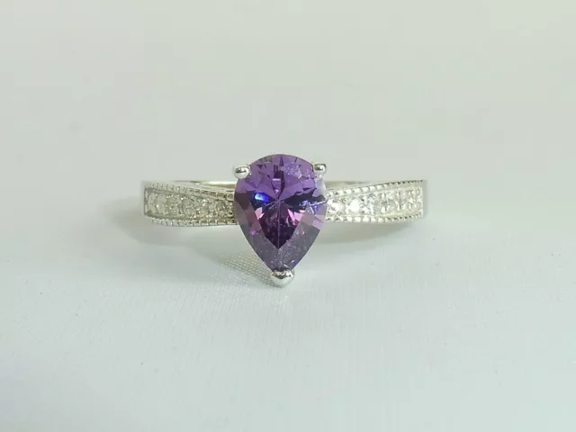 Ladies Solid 925 Sterling Silver Pear Cut 1 Carat Amethyst & White Sapphire Ring