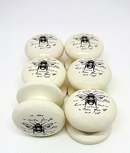 Bisque Drawer Knobs / Hand decorated with Bees & Text / Shabby Chic