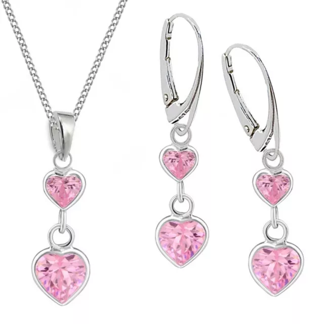 Rosa Herz Brisur Ohrringe Anhänger Kette 925 Sterling Silber Schmuck-Set Liebe