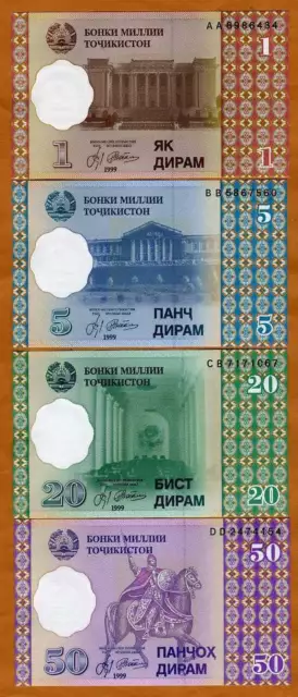 Tajikistan, Complete Fractional SET 1;5;20;50 Diram Picks 10-11-12-13 1999 UNC