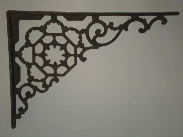 1 Antique Solid Cast Iron Shelf Bracket 11" X 8" Rare HTF Pattern Victorian
