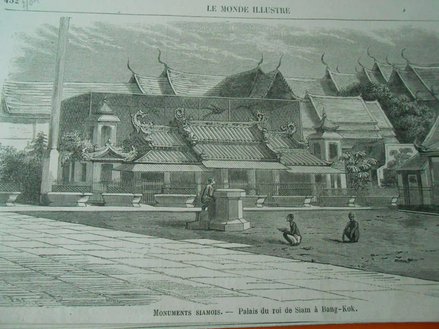 Gravure 1864 - Monuments Siamois Palais du Roi de Siam à Bang Kok