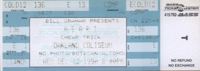 Heart 1990 Brigade Tour Unused Oakland Coliseum Ticket / Cheap Trick / Nm 2 Mnt
