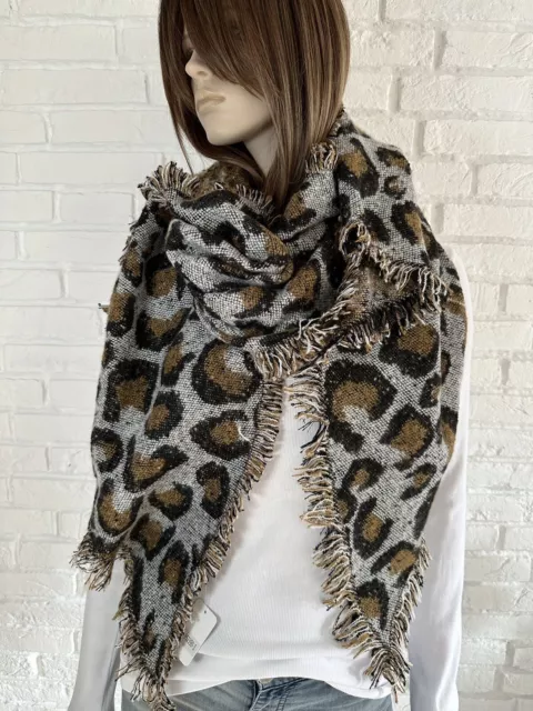 Leopard Flauschi Schal ❤ Leo Fransen XXL Tuch Viskose Wolle neu Stola Style