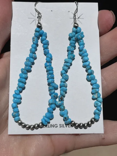 Navajo Turquoise Nuggets Dangle Earrings finished with sterling beads