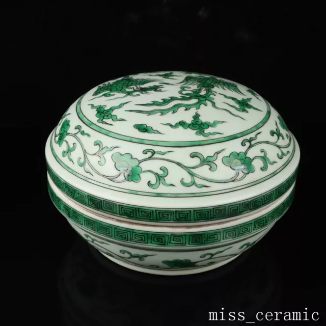 5.1" China Antique Porcelain Ming dynasty xuande mark Green double phoenix Box